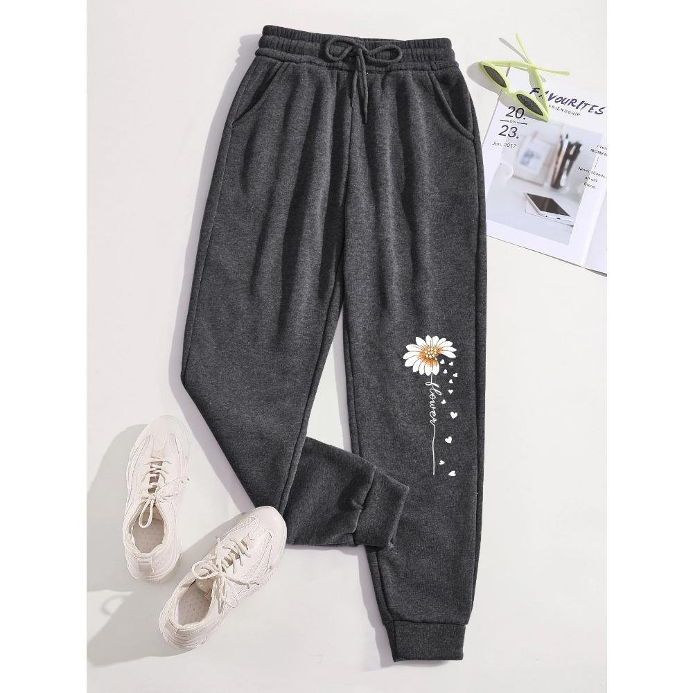 Creative Love Flower Print Women Elastic Waist Pants Jogger Fleece Drawstring Long Pant Fashion Sports Sweatpants