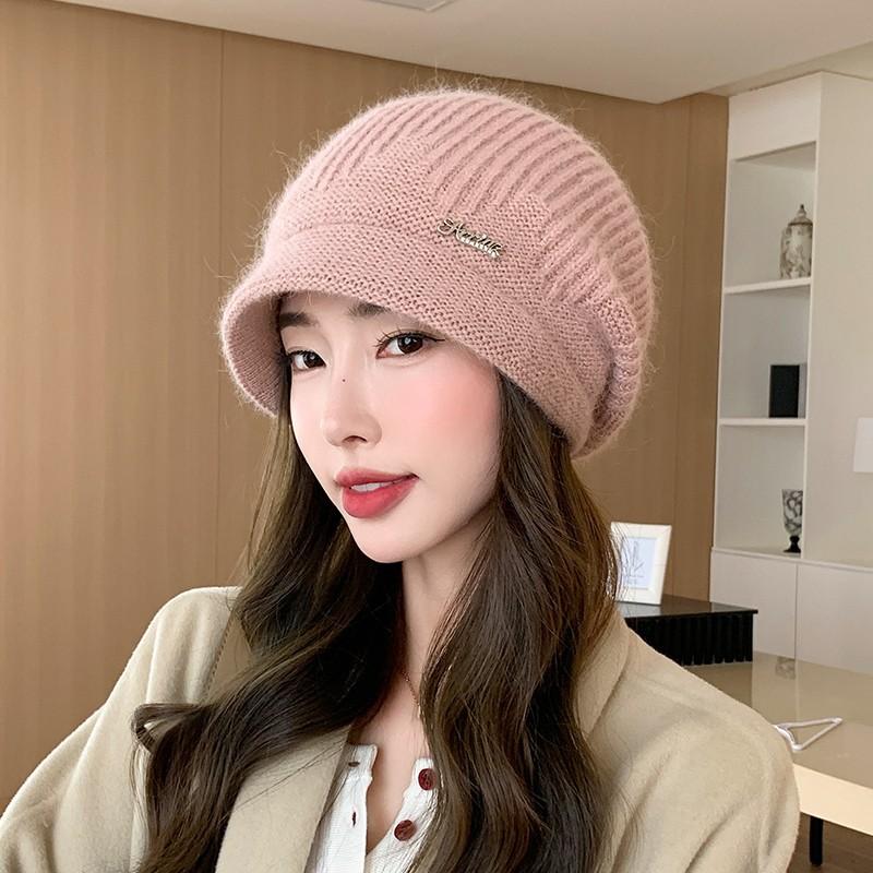New Hat Women's Winter Knitted Face Small Autumn and Winter Rabbit Fur Warm and Thickened Piled Wool Hat