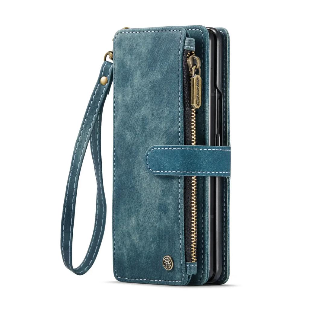 CaseMe Ledertasche für Samsung Galaxy Z Fold 6 5 Reißverschluss-Geldbörse mit Stifthalter Lanyard 2-in-1-Design Kartenfächer Handyhülle