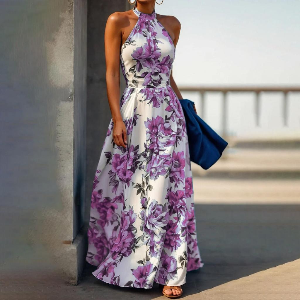 Holiday style neck dress women's summer print high waist thin sleeveless beach dress