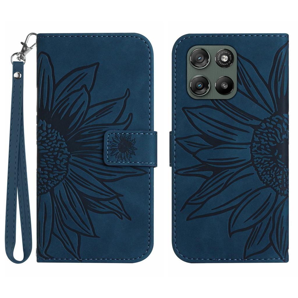 For Motorola Moto G67 Power 5G Case Sunflower Imprint Leather Wallet Phone Cover with Wrist Strap