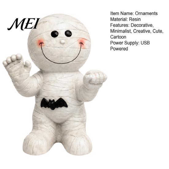 Halloween Atmosphere Decor Resin Mummy Light, Smiling Statue with Unique Home Accents Bat Decor, Cartoon Figurine Light for Desktop Ornament