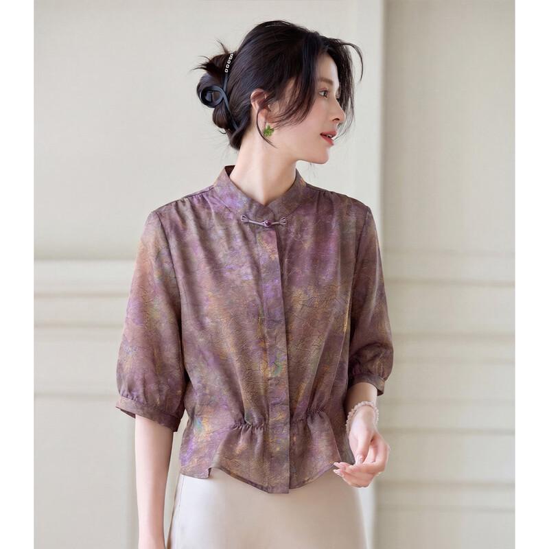 Oudeifu Elegant Chinese Style Floral Print Short-Sleeve Shirt