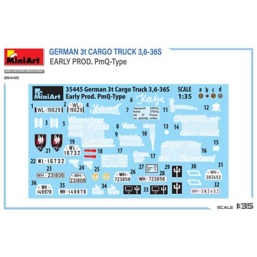 Miniart 1/35 Scale German 3-Ton Cargo Truck 3,6-36S Early Model PmQ Type Plastic Model MA35445