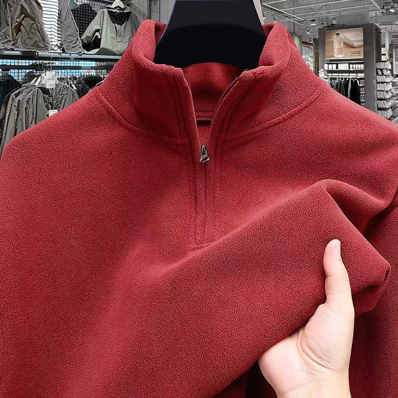 Autumn/Winter Men's Stand Collar Half-Zip Fleece Hoodie - European Size Double-Sided Warm Base Layer