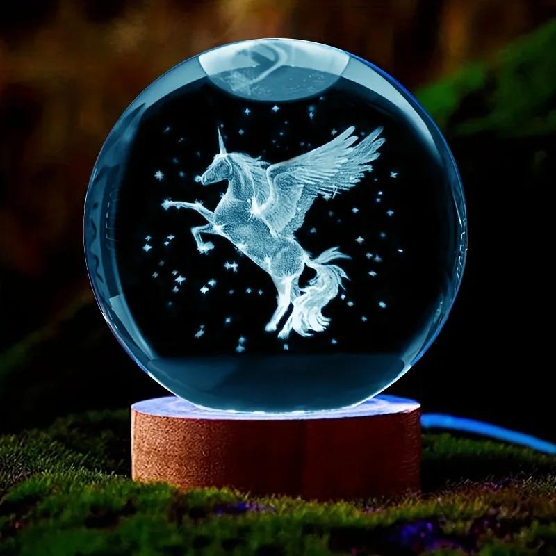 6CM Unicorn Crystal Ball Decorative Crystal Glass Ball Laser Internal Carving Colorful Light Base Ornament Valentine's Day Gift