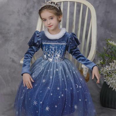 Saia de Veludo da Princesa Elsa para Meninas - Vestido Grosso de Inverno/Outono para o Natal