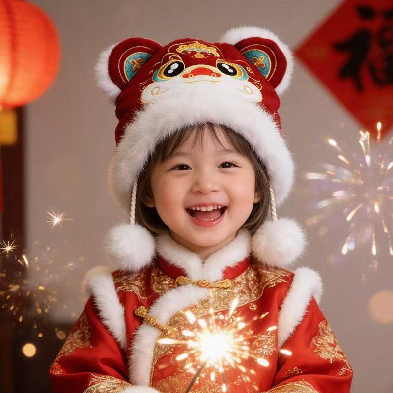 New Year Children's Red Lion Hat - Warm Ear Protection for Boys & Girls, Perfect for Autumn & Winter