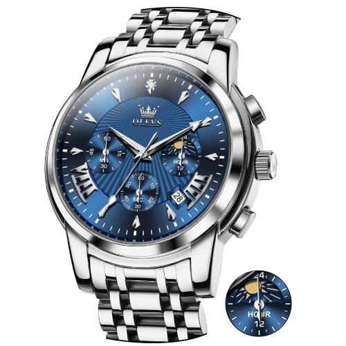 

OLEVS Men s Stylish Chronograph Watch, Popular Brand for Business, Large, Easy-to-Read Analog, Waterproof Quartz Wristwatch (Blue/White - 2892)