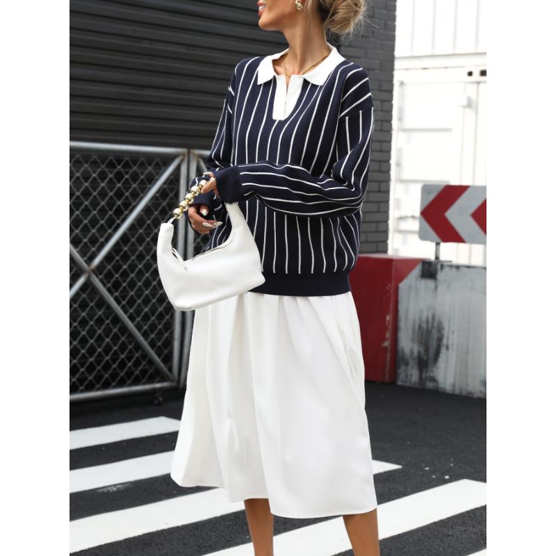New Autumn College Casual Street Trend Lapel Striped Women's Sweater
