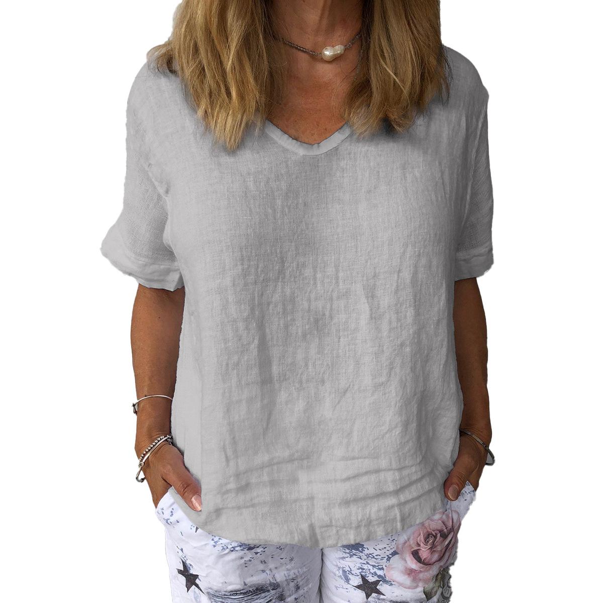 Sommer Minimalistisches Freizeit-Top Weiß Kleidung V-Ausschnitt Einfarbiges Hemd für Damen Baumwolle Leinen Blusen XL grau