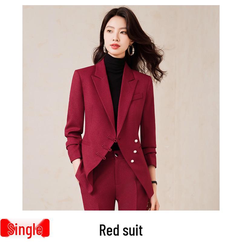 Women's High-End Red Blazer Suit - Casual, Professional, Celebrity Style for Autumn/Spring