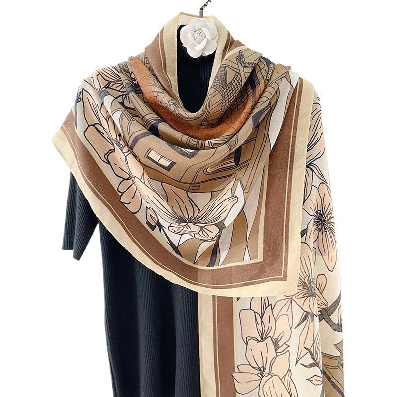 Autumn and Winter Fashion Cotton and Linen Long Flower Printed Scarf Women's High-end Elegant Warm Shawl Neck Scarf