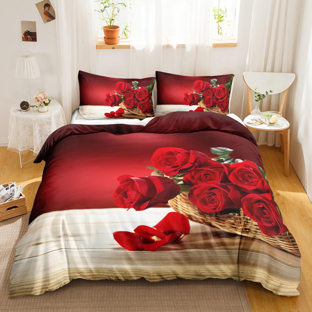 Rote Rose Bettbezug Set King/Queen Größe Weich Luxus Abstrakt Floral Modern Leuchtend Rot Romantischer Bettdeckenbezug Für Frau Mädchen