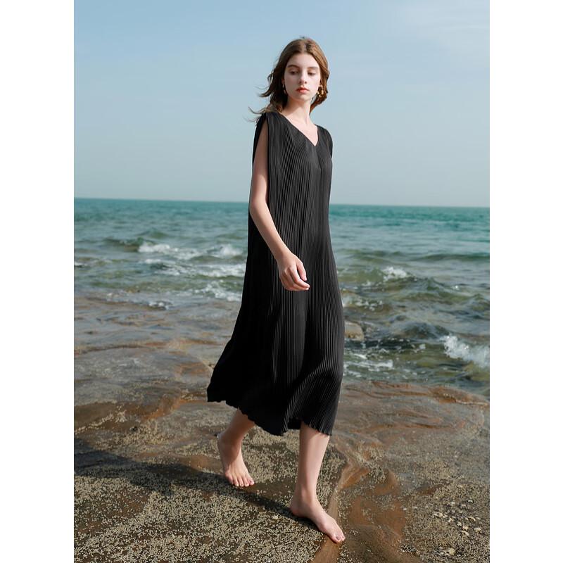 Sancai 2025 Summer Textured V-Neck Sleeveless Straight Dress