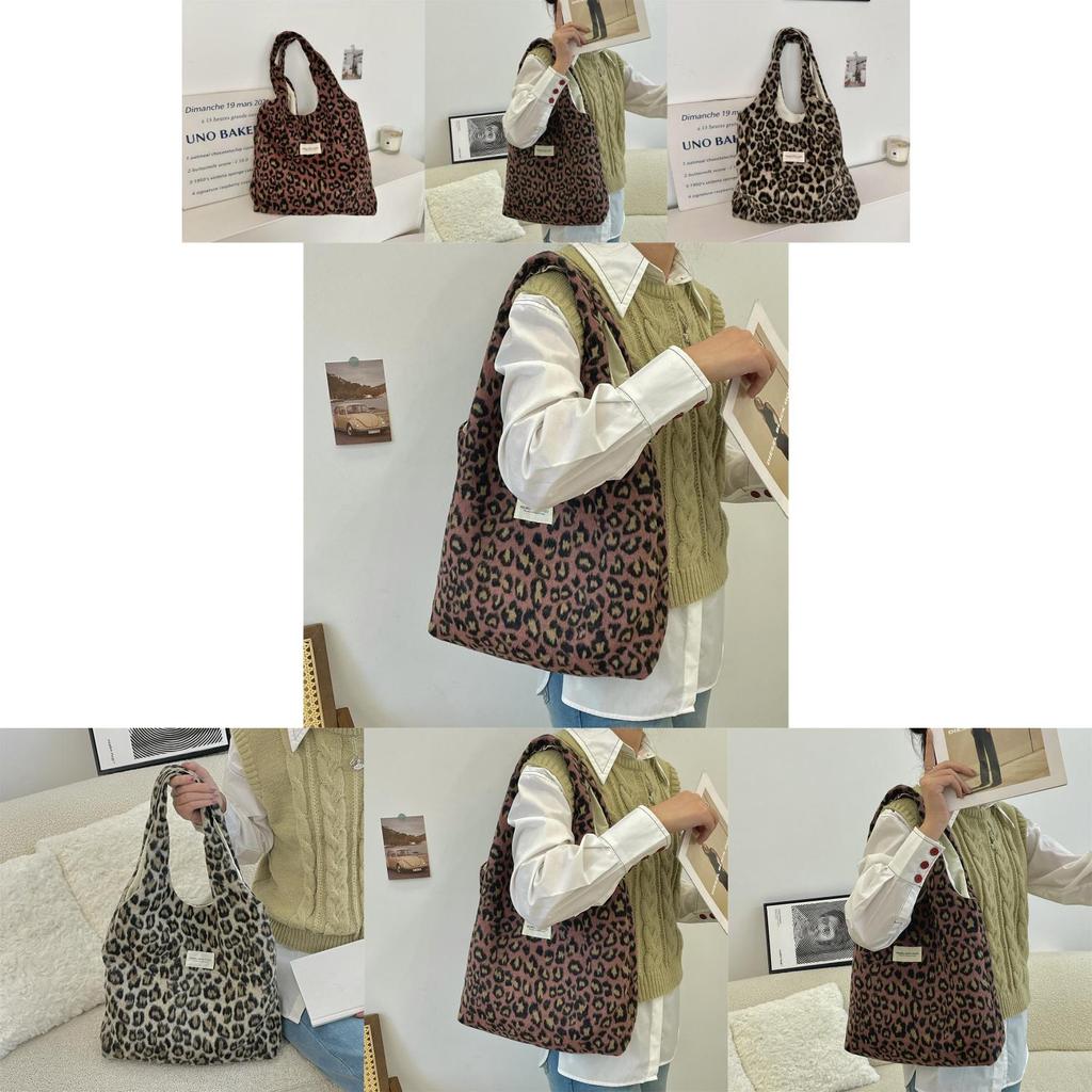 Chic And Trendy Wool Leopard Print Shoulder Tote Bag For Daily Fashion Needs
