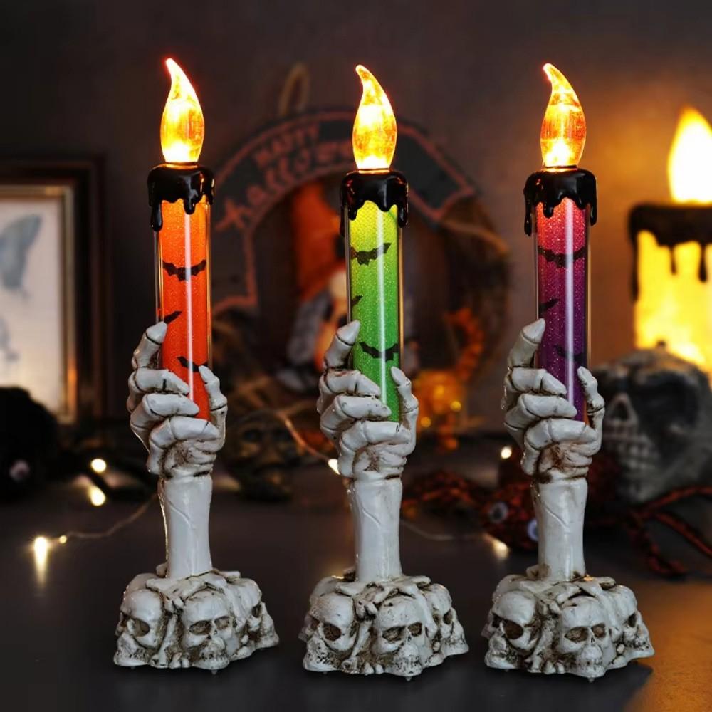 3PCS Set Gothic Skull Hand Candle Light Flame,Battery Operated Led Candle for Halloween Room Decor Party Horror Ambience Prop