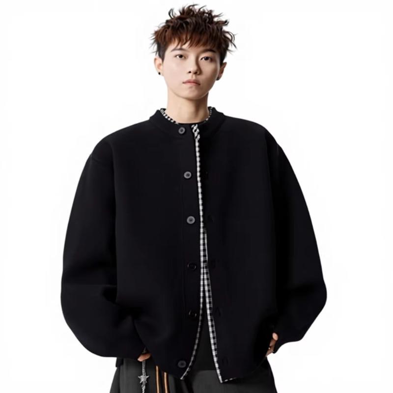 

Autumn and winter heavy fake two-piece plaid knitted sweater jacket men s retro casual cardigan sweater ruffian handsome clothes XXXL чорний