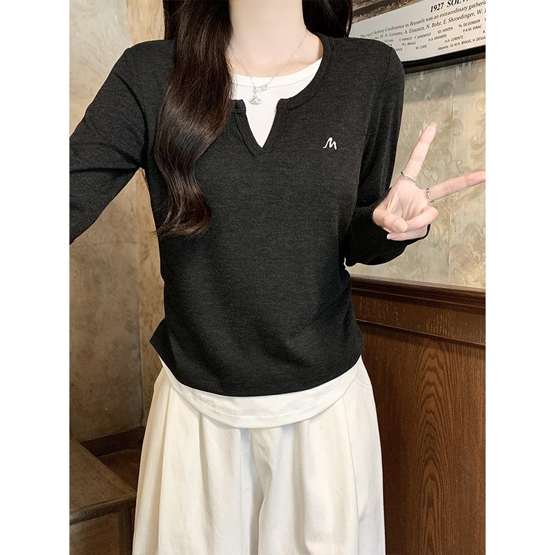 Women's 2025 Autumn Patchwork Pleated Waist Two-Piece Look Long-Sleeve Slimming Top