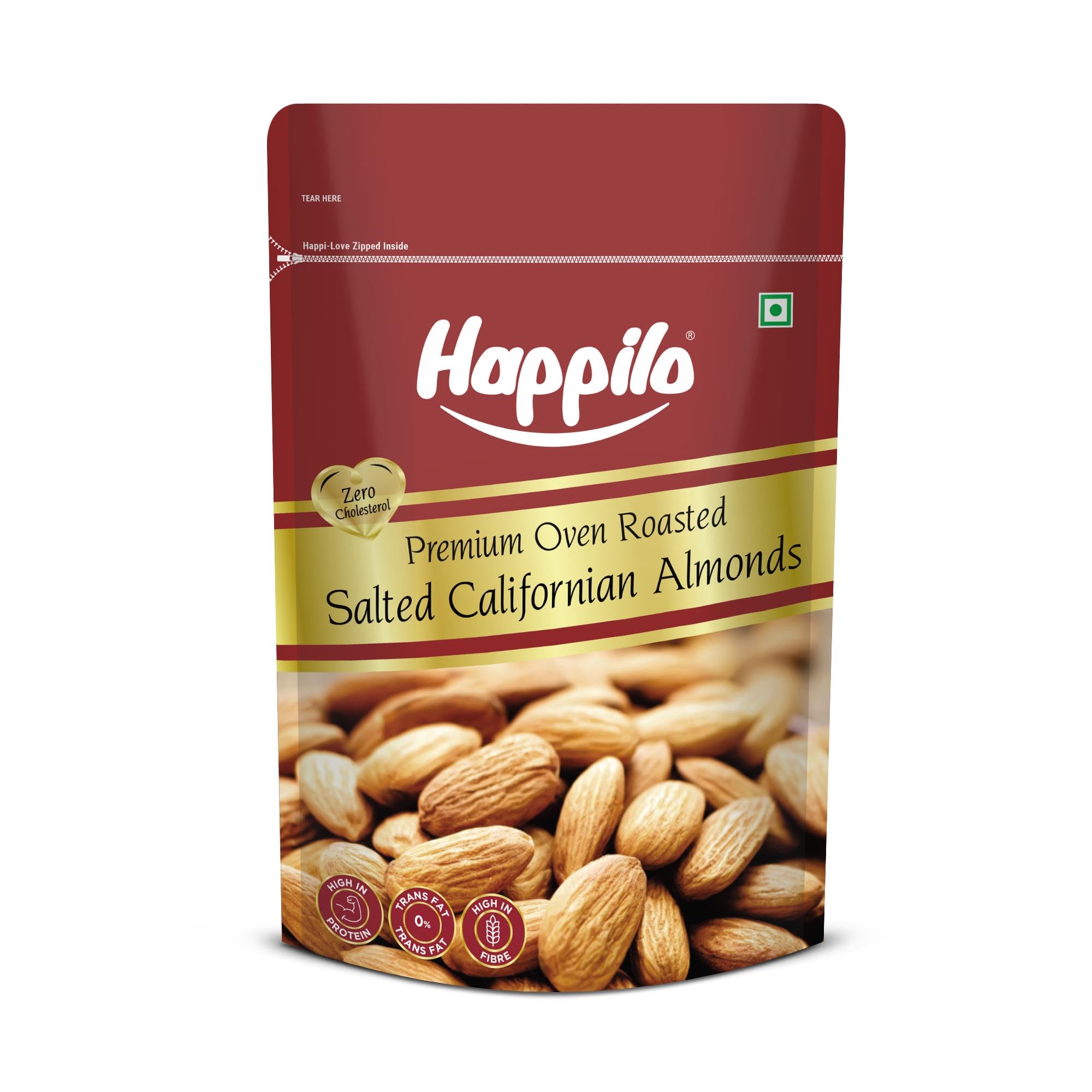 Happilo Premium Californian Almonds Roasted & Salted 200g, Dry Fruit, High Protien Snack and Super Healthy Crunchy Nuts