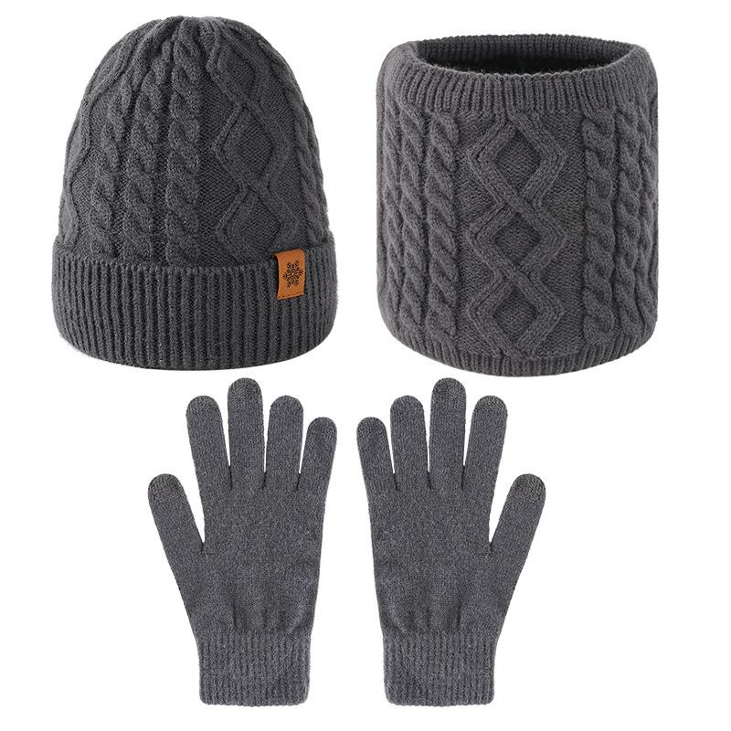 Knitted hat, men's winter velvet thickened gloves, hat, scarf, three-piece set, outdoor cycling wool, knitted hat