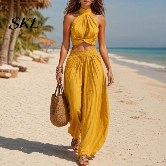 Sleeveless Crop Top Women Women's 2 Piece Outfits, High Neck Halter And Comfortable Summer Pants Wide Leg Matching Set, Beach Vacation Outfits