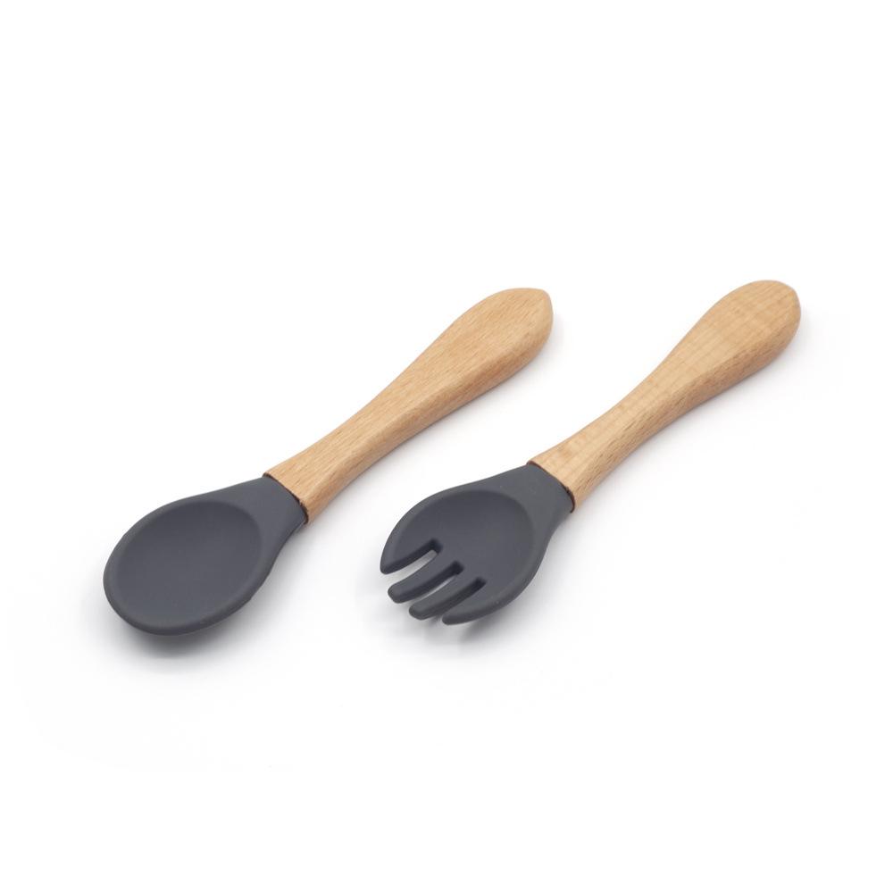 Silicone Baby & Toddler Tableware with Wooden Handle Fork & Spoon for Feeding Training
