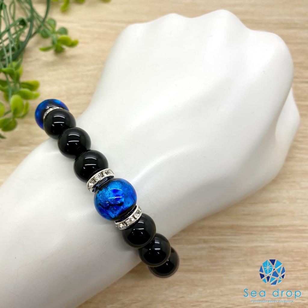 Leuchtendes Glühwürmchen-Glas-Paar-Armband, blauer Onyx 12 mm, rosa Kristall 8 mm, leuchtende Libellenkugel [Meerestropfen] [091bt]