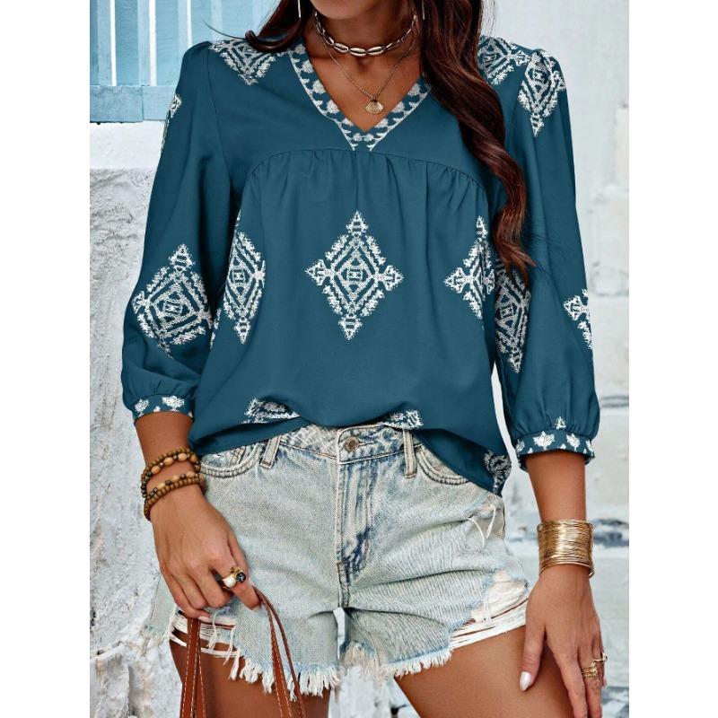 Women Oversize Printed V Neck 3 4 Sleeve Casual Summer Fashion T Shirt