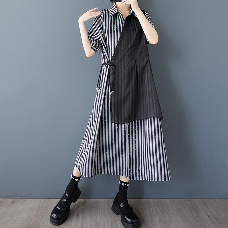 Short Sleeve Plus Size Vintage Stripe New In Dresses for Women Casual Loose Long Summer Shirt Dress