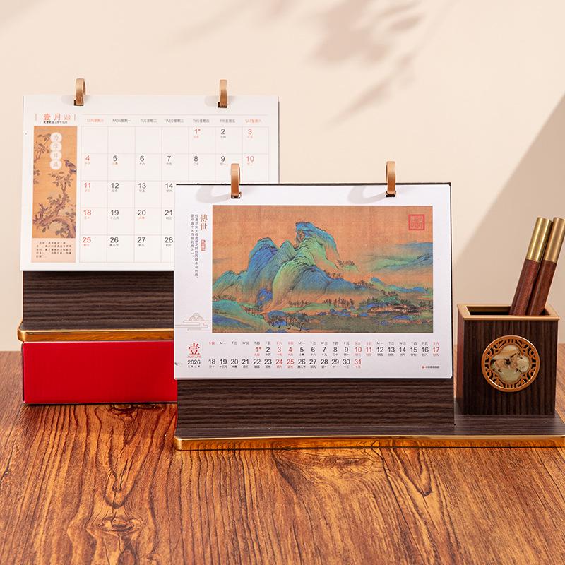 2026 Jahr des Pferdes Chinesischer Stil Holz Schreibtischkalender mit Doppelringständer
