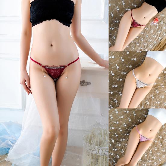 Sexiga kvinnor Öppen gren Genomskinlig spets G-Strings Strings Trosor Faux Pearl Underkläder