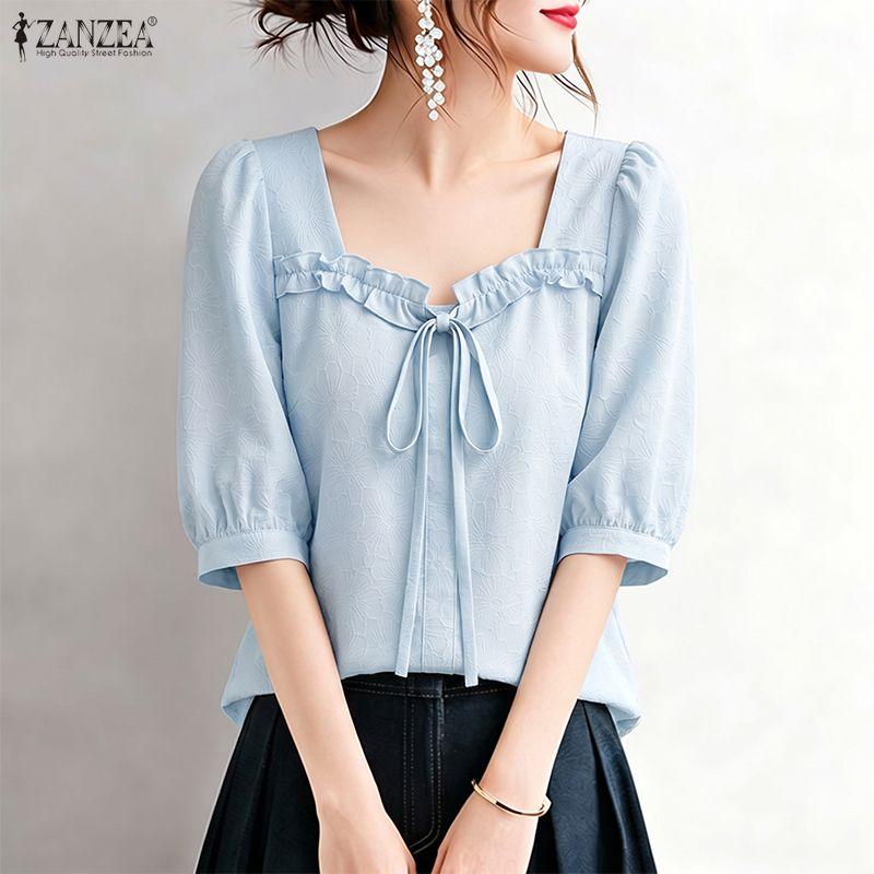 ZANZEA Women Elegant Casual Square Collar Summer Half Sleeve Blouse