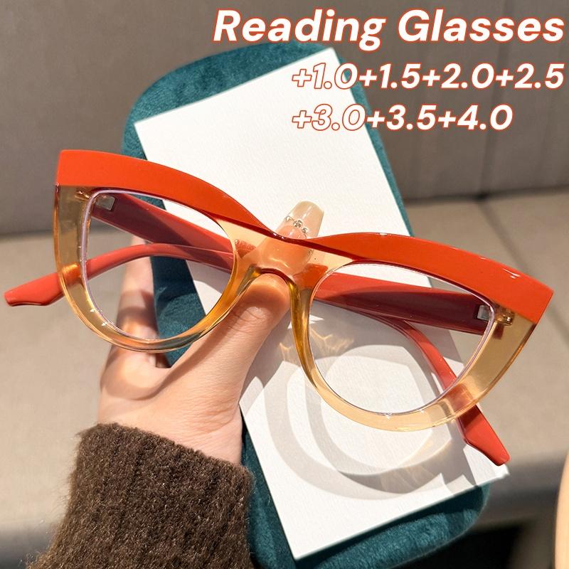 Fashion European Cat Eye Reading Glasses New Design Color Blocked Large Frame Presbyopia Glasses for Women Men Anti Blue Light