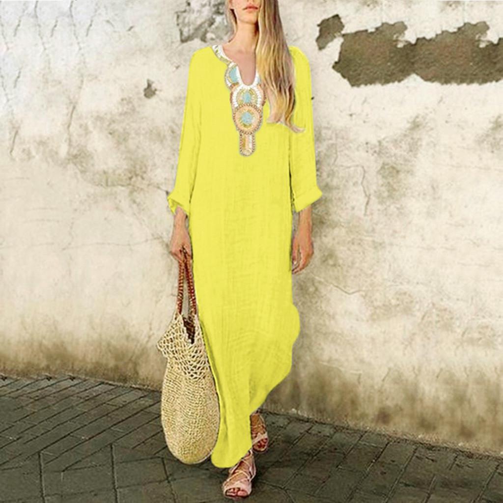 Women’s Printed Long Sleeve U-neck Maxi Dress Split Hem Baggy Kaftan Long Dress