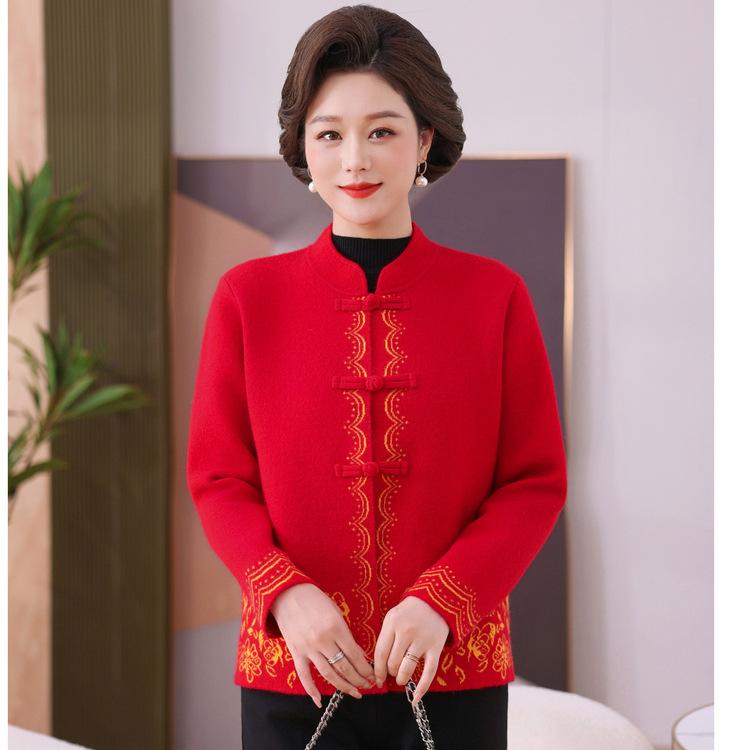 

Mom Spring, Autumn and Winter New Collar Buckle Embroidered Cardigan Coat Middle-aged and Elderly Women Western-style Knitted Tang Suit Coat 2XL