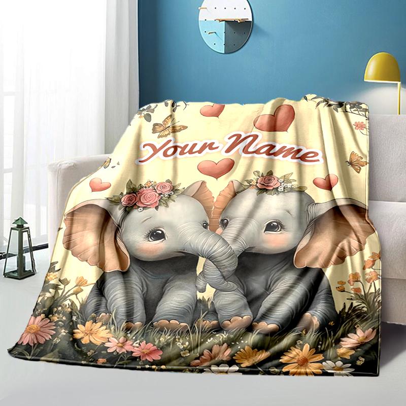 1PC Custom Name Elephants floral garden. Flannel blankets Patterns Throw Blanket All-Season Soft Gift for Couch, Bed, Camping gifts