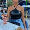 Sexy Off Shoulder Cross Bandage PU Imitation Leather Halter Crop Tops Women Tank Top Casual Sleeveless Cropped Vest Camis Tube Top Female