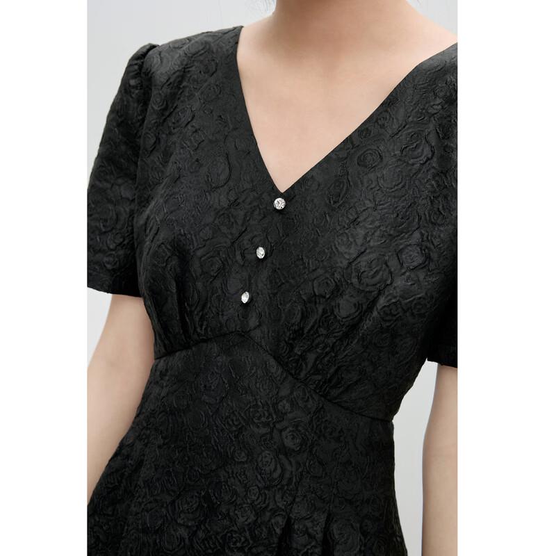 Retro Jacquard Bubble Sleeve V-Neck Dress