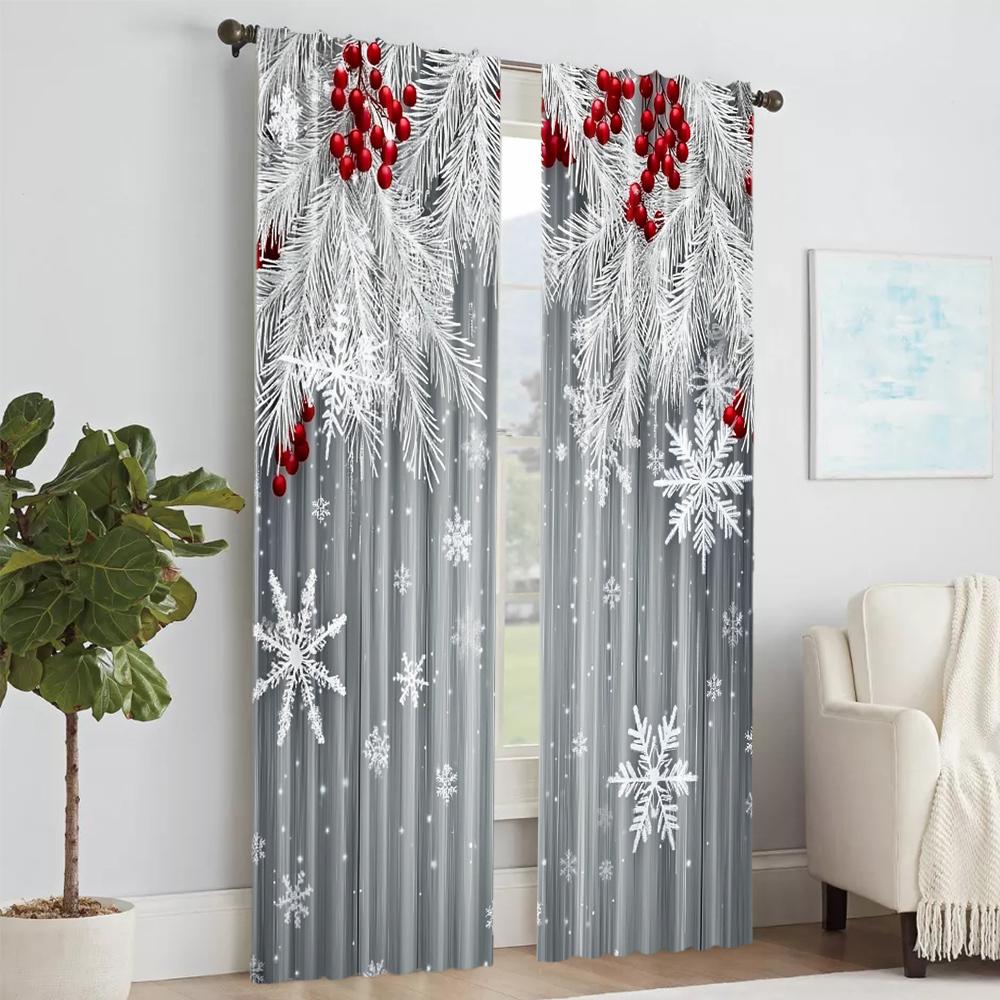 2Pcs Christmas Snowflake And Red Berry Print Polyester Material Window Curtains Rod Pocket Design For Easy Hanging Perfect For