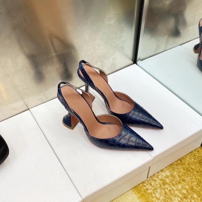 Fashion 2025 New Leather Fairy Wind High Heels Women's Crocodile Pattern Pointed Wine Glass Stiletto Side Empty Back Strap Sandals Women