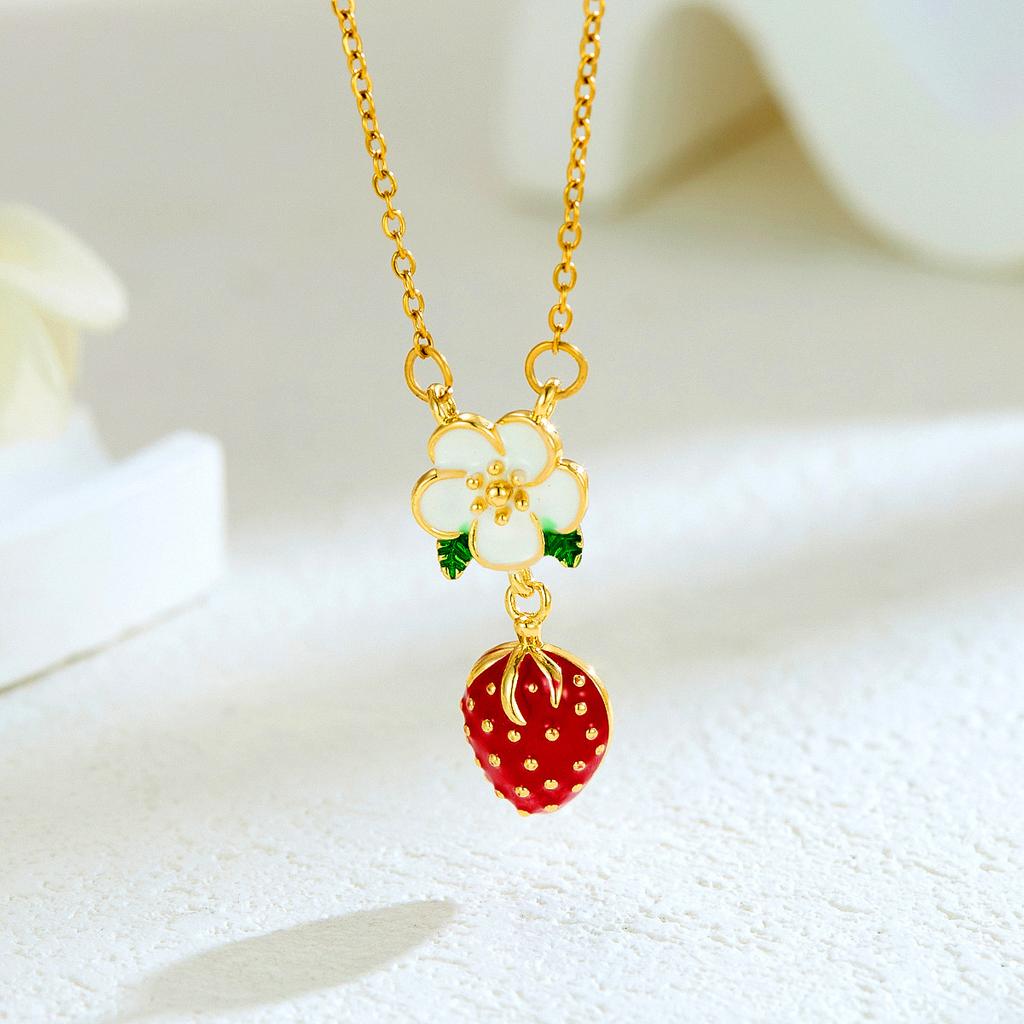 New Sweet and Cute Dripping Oil Strawberry Cherry Titanium Steel Necklace Female Simple Versatile Fruit Series Collarbone Chain
