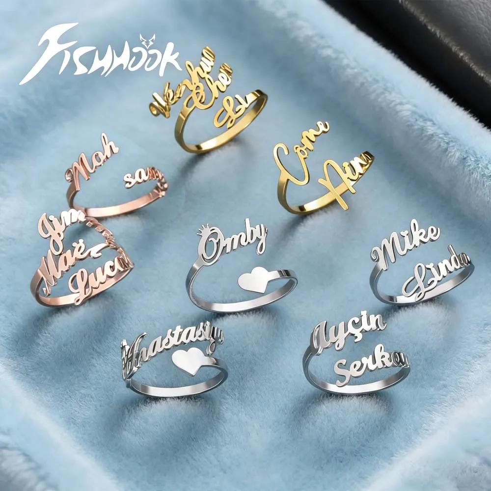 Couple Custom Double First Name Matching Finger Ring For Women Men Personalized Family Gift Gold Color Stainless Steel Jewelry