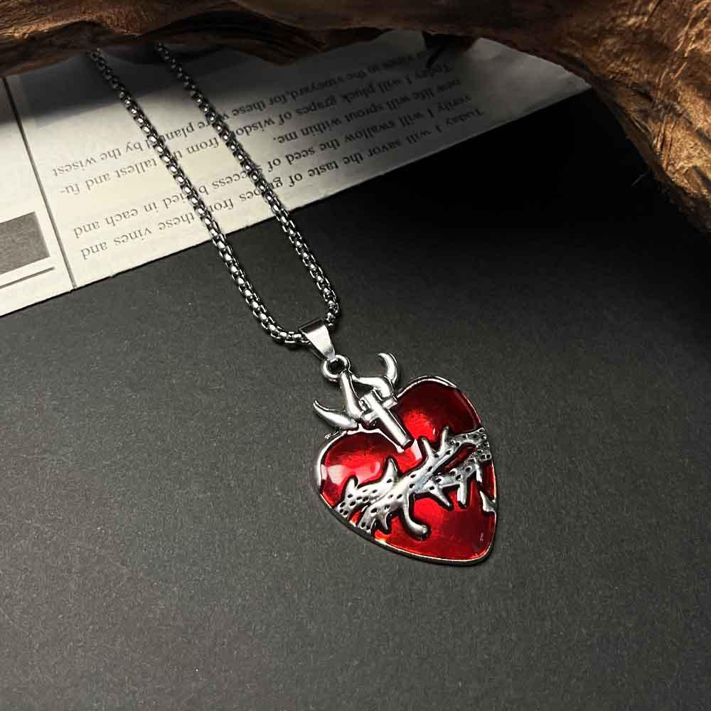 Gothic Bat Rose Heart Cross Pendant Necklace - Hip Hop Unisex Sweater Chain
