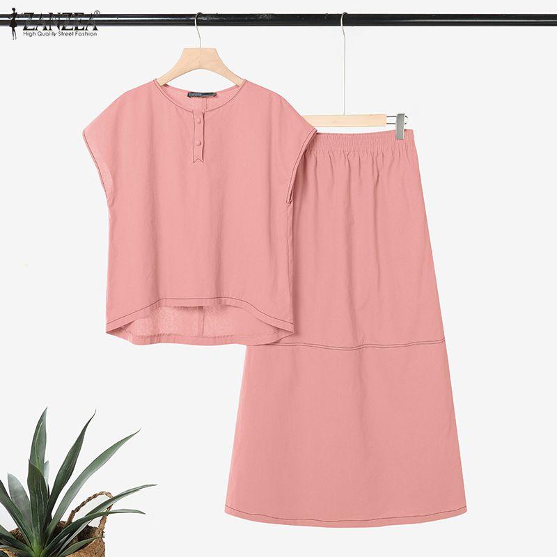 ZANZEA Women Short Sleeve Blouse and Long Skirts Summer Two Piece Suit Sets