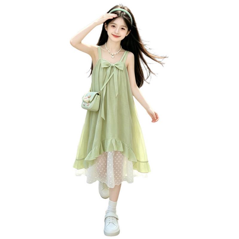 Vestito estivo da bambina stile coreano 2026: Abito Lungo Fresco con Spalline Sottili e Fiocco di Fata