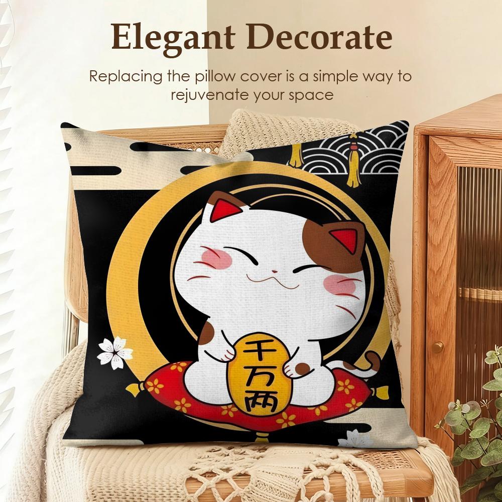 Japenes ManekiNeko Cushion Cover Natural Linen Organic Fabric DoubleSided Printing Sofa Home Decor Gift Pillow Case