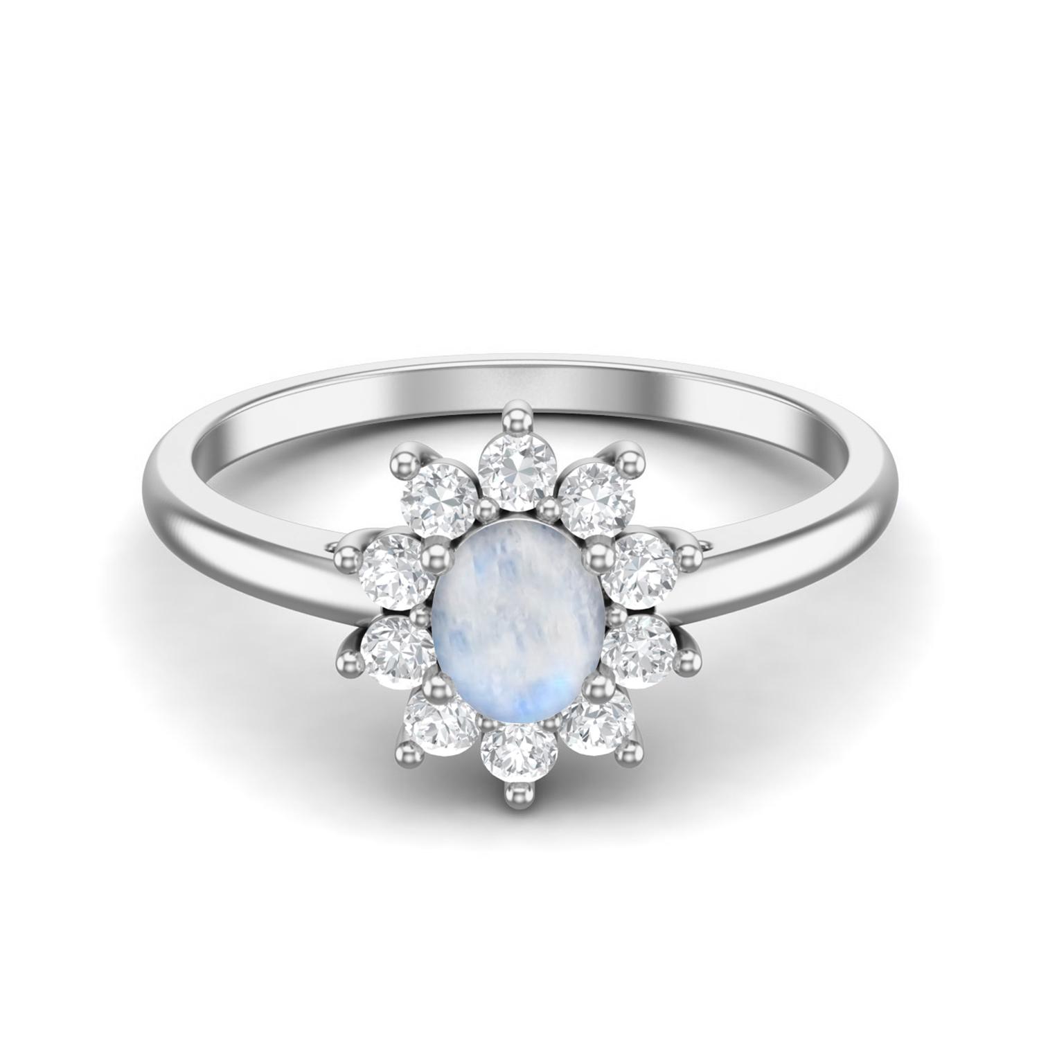 0.45 Cts Oval Moonstone 925 Sterling Silver Solitaire Halo Engagement Women Ring 11 белый