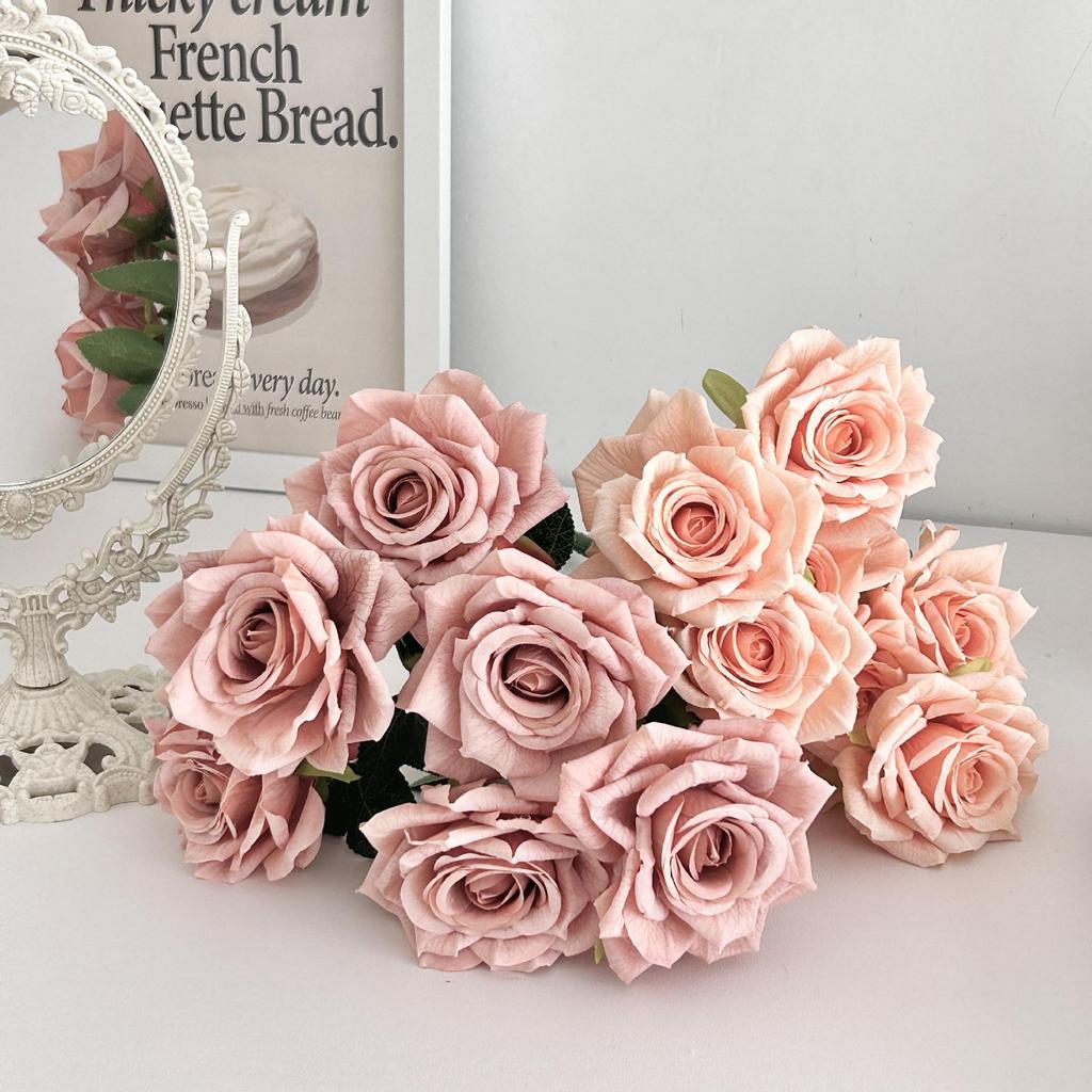7-Head Ruffled Cappuccino Rose Bouquet - Vintage Artificial Flowers for Home or Wedding Decor