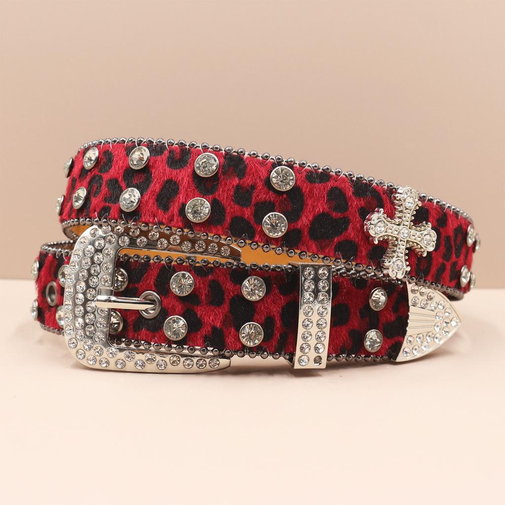 Cross Belt Leopard Print Western Rhinestone Belt Personalized Denim Woman Rivet Jeans Belt